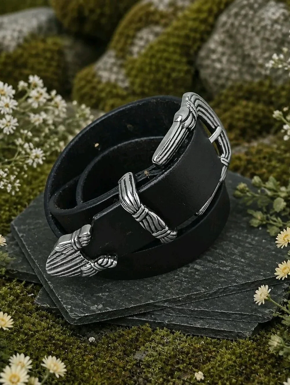 Donna Katz Black Leather Women's Western-Inspired Belt with Silver Embo Accents